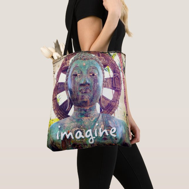 Tote Bag Hawaii Bouddha Turquoise Photo Imagine Script Bold (De près)