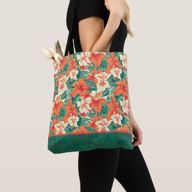 Tote Bag Hawaiian vibe colorful tropical flowers pattern (De près)
