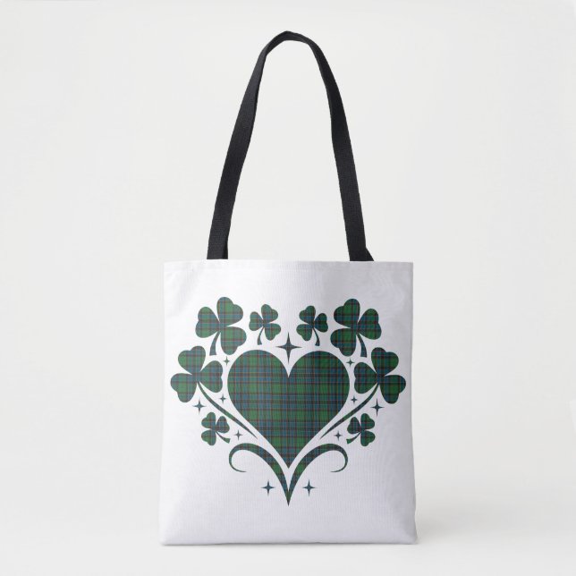 Tote Bag Heart Shamrock Plaid Blue Green Tartan Clover (Devant)