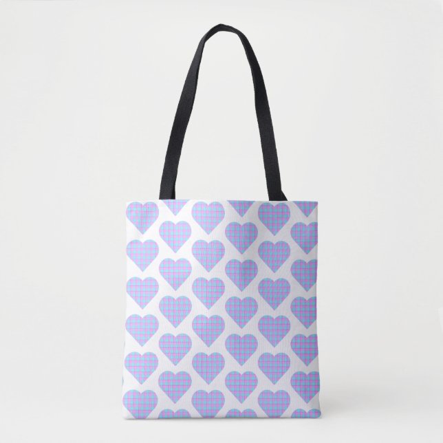 Tote Bag Heart Shaped Plaid Pink Blue (Devant)