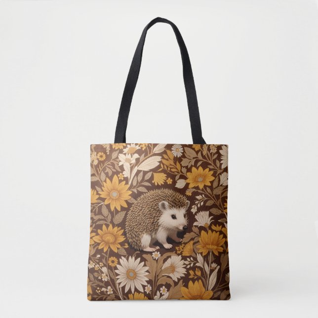 Tote Bag Hedgehog Brown Floral William Morris Inspired (Devant)