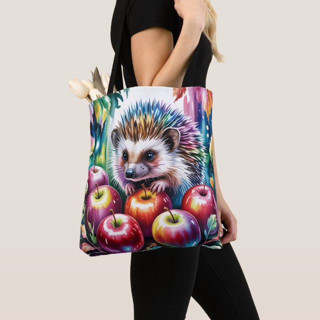 Tote Bag Hérisson aquarelle vibrant avec des pommes d'autom (De près)