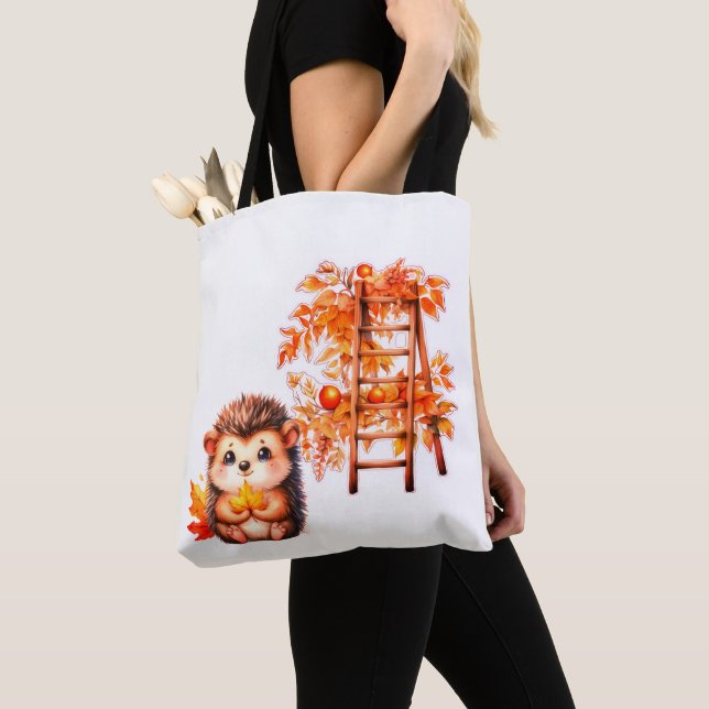 Tote Bag Hérisson Automnal Mignon avec Illustration d'Échel (De près)