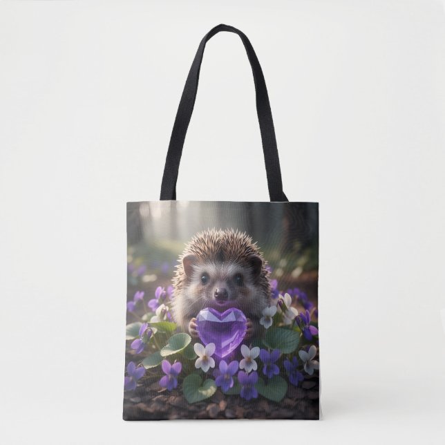 Tote Bag Hérisson mignon de février avec cœur d'améthyste (Devant)