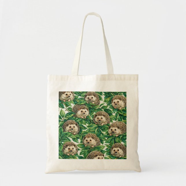 Tote Bag Hérisson Mignon et Motif de Feuilles Vertes (Devant)