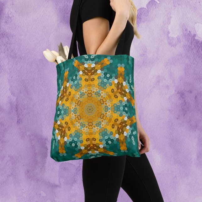Tote Bag Hex Mandala bleu et jaune (Créateur téléchargé)