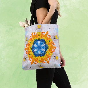 Tote Bag Hex Mandala bleu jaune orange et blanc