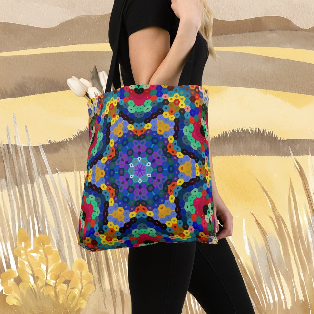 Tote Bag Hex Mandala bleu jaune rouge et vert (Créateur téléchargé)