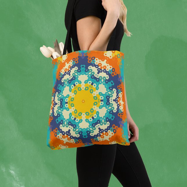 Tote Bag Hex Mandala bleu orange et jaune (Créateur téléchargé)