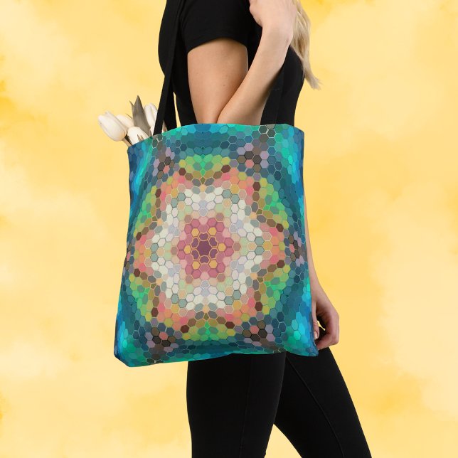 Tote Bag Hex Mandala bleu vert et rose (Créateur téléchargé)
