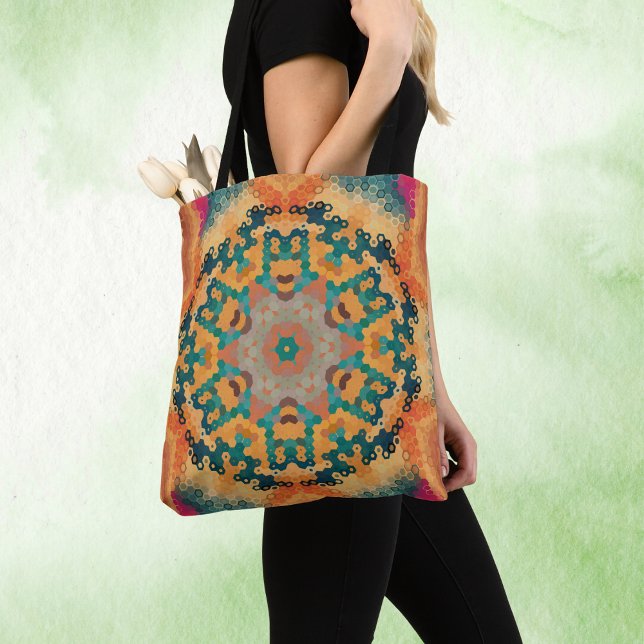 Tote Bag Hex Mandala orange et bleu (Orange and Blue Hexagon Mandala Tote Bag by Wormhole Orbital)
