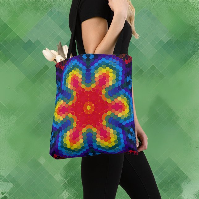 Tote Bag Hex Mandala rouge jaune et bleu (Créateur téléchargé)