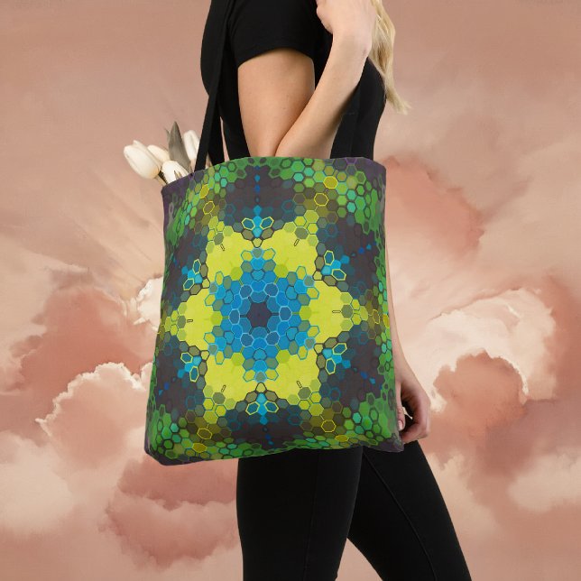 Tote Bag Hex Mandala vert jaune et bleu (Green and Blue Hexagon Mandala Tote Bag By Wormhole Orbital)