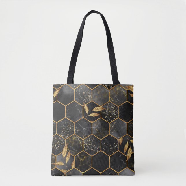 Tote Bag Hexagon de marbre, Texture Feuille d'or. (Devant)