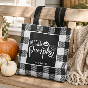 Tote Bag Hey There Pumpkin Personnalisé Plaid Black Buffalo
