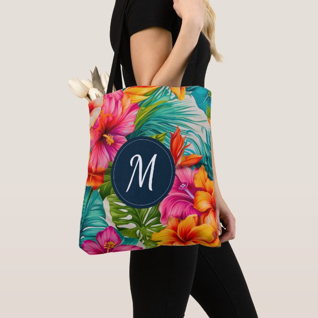 Tote Bag Hibiscus floral tropical Monogramme (De près)