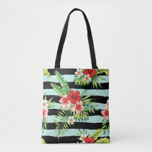 Tote Bag Hibiscus hawaïen et Motif de rayures noires et de 