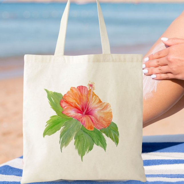 Tote Bag Hibiscus orange aquarelle tropical  (Créateur téléchargé)