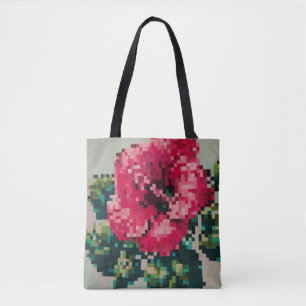 Tote Bag Hibiscus pixelisé sur Fond Menthe