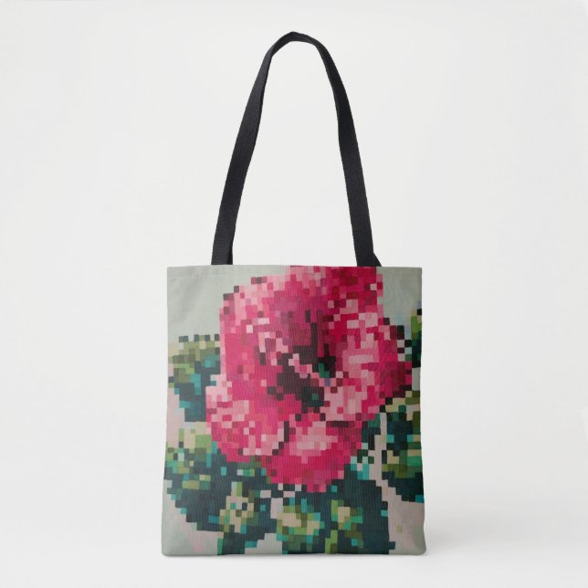 Tote Bag Hibiscus pixelisé sur Fond Menthe (Devant)