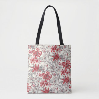 Tote Bag Hibiscus rouge et gris Toile florale tropicale