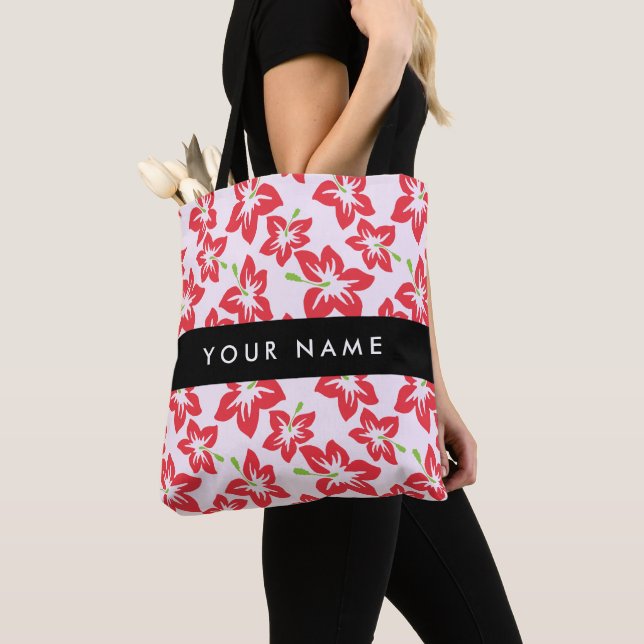 Tote Bag Hibiscus rouge, Fleurs rouges, Votre nom (De près)
