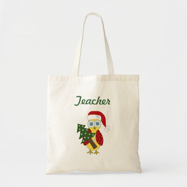 Tote Bag Hibou avec un sapin de Noël - Enseignant (Devant)
