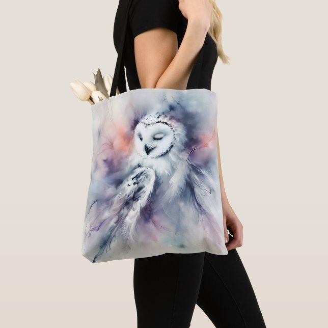 Tote Bag Hibou Blanc Enchanté à l'Aquarelle (De près)