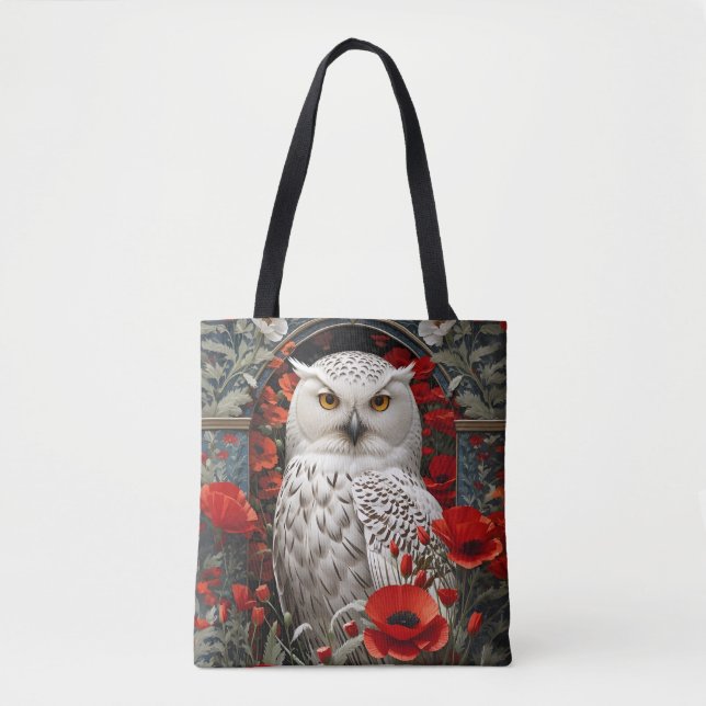 Tote Bag Hibou Blanc Fleurs de Pavot Rouge (Devant)