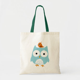 Tote Bag Hibou bleu avec le petit oiseau orange