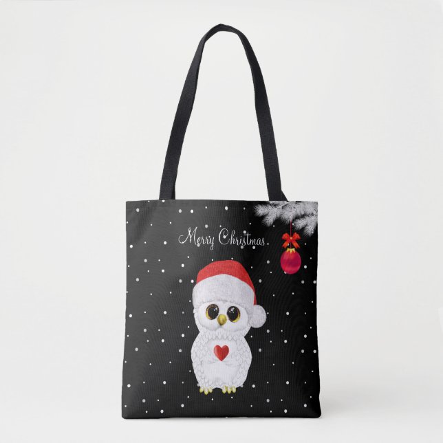 Tote Bag Hibou de Noël blanc sur fond noir (Devant)