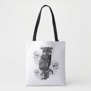 Tote Bag Hibou gris Orchidées blanches