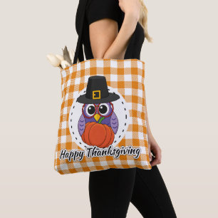 Tote Bag Hibou pèlerin sur carreaux orange - Bonne Action d