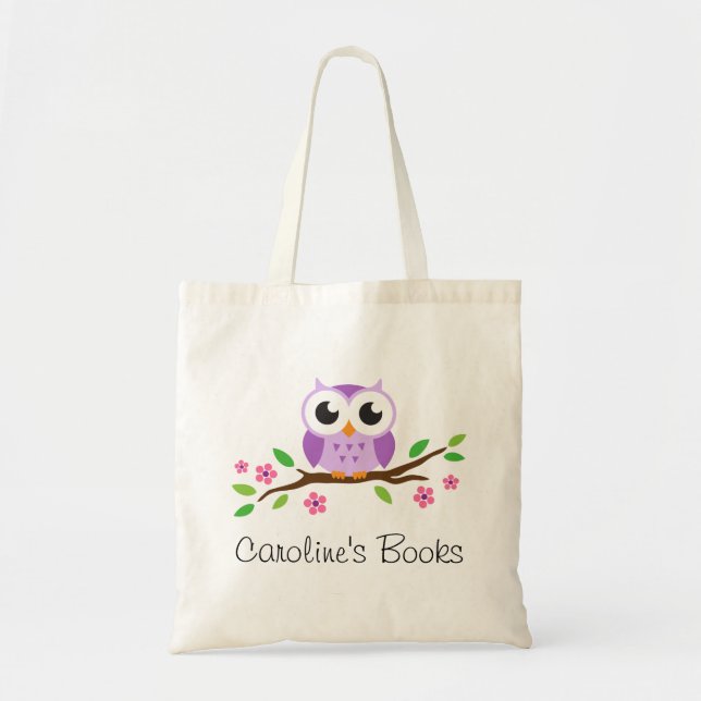 Tote Bag Hibou pourpre mignon sur la bibliothèque (Devant)