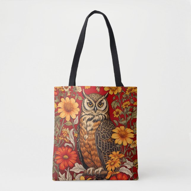 Tote Bag Hibou rayé et fleurs de Zinnia (Devant)