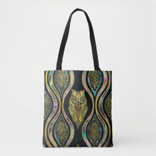 Tote Bag Hibou tribal d'or sur le motif d'ormeau de Boho