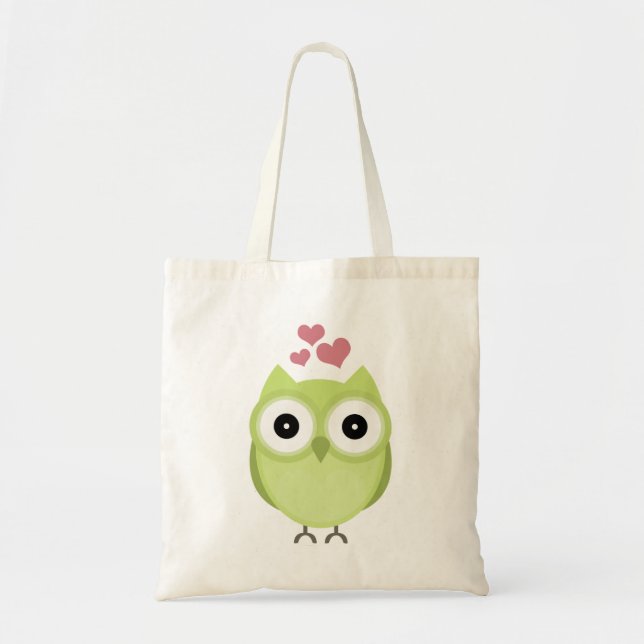 Tote Bag Hibou vert avec des coeurs (Devant)