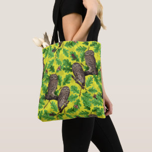 Tote Bag Hiboux dans la forêt sur fond jaune citron