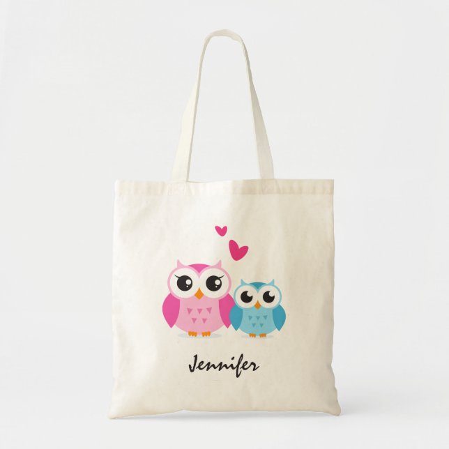 Tote Bag Hiboux mignons de bande dessinée avec le nom (Devant)