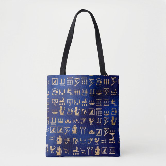 Tote Bag Hiéroglyphes égyptiens antiques en or sur bleu (Devant)