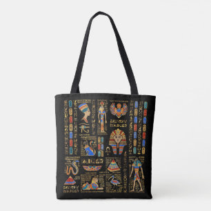 Tote Bag Hiéroglyphes et divinités égyptiens en noir