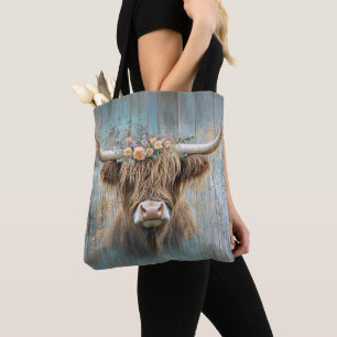 Tote Bag Highland Cow Floral Crown Rustique Élégante ferme