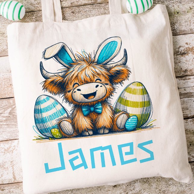 Tote Bag Highland Cow Pâques Enfants Nom Garçons Bunny (Boys Easter Tote)