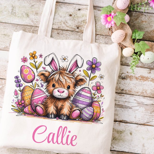 Tote Bag Highland Cow Pâques Enfants Nom Girls Bunny (Highland Cow Girls Easter Tote)