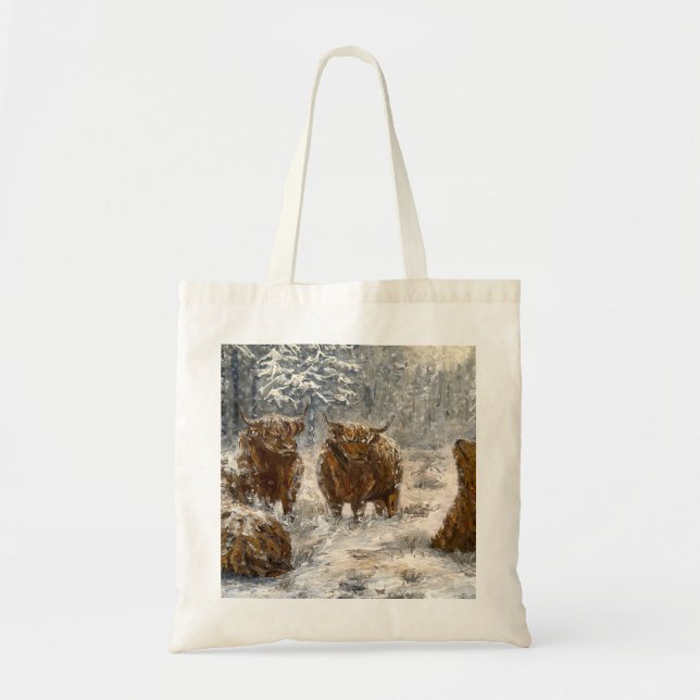 Tote Bag  Highland Soul: Whimsical Snowy Cows Vintage (Devant)