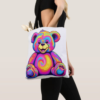 Tote Bag Hippie Teddy Bear Rainbow Psychedelic Bright Color