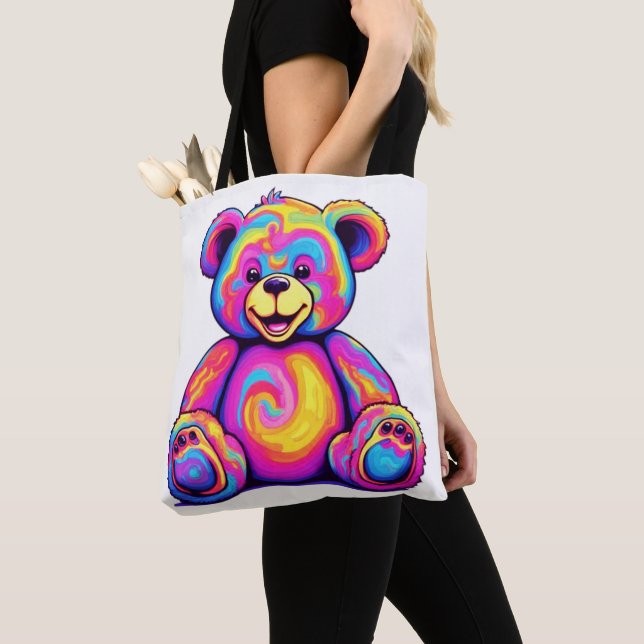 Tote Bag Hippie Teddy Bear Rainbow Psychedelic Bright Color (De près)