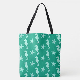 Tote Bag Hippocampe et poisson d'eau - vert turquoise et ma