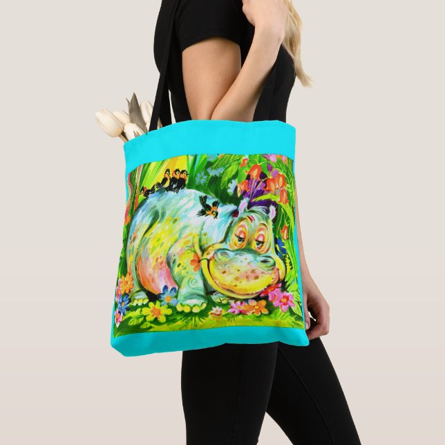 Tote Bag hippopotames et oiseaux aux couleurs vives (De près)
