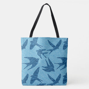 Tote Bag hirondelles japonaises en vol, Cobalt et bleu pâle